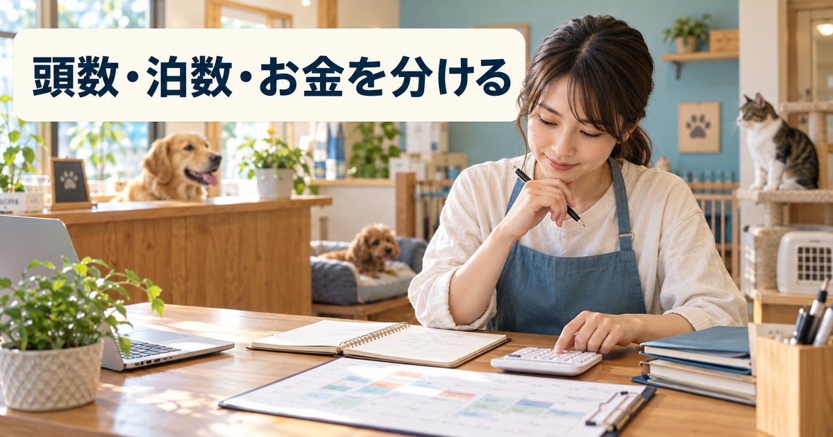 予約表と計画ノートで動物の頭数と泊数を見比べる写真調イメージ