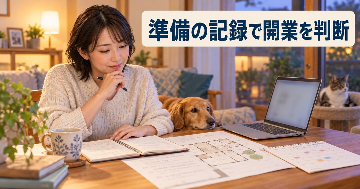 相談記録と生活の予定を並べてペットホテルの開業準備を見直す写真調イメージ