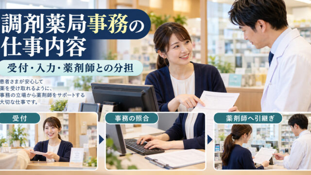 調剤薬局事務の受付・事務照合・薬剤師への引継ぎを示す仕事のイメージ
