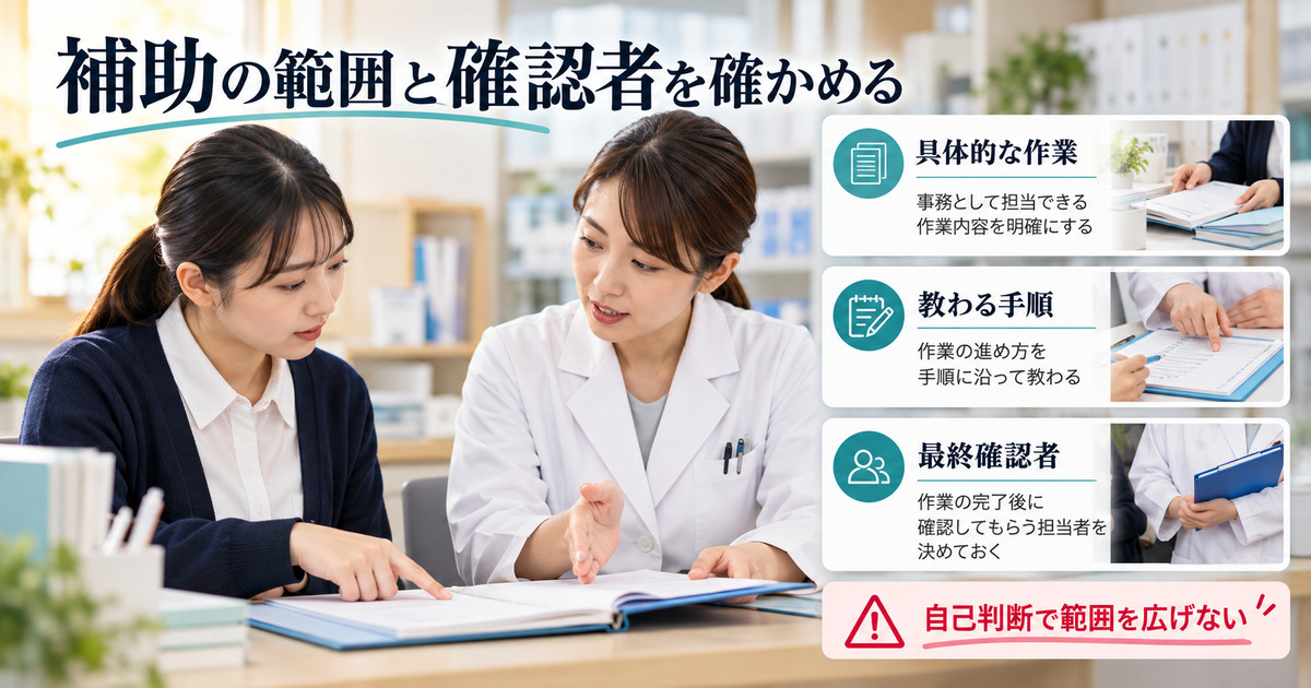 補助する作業・手順・最終確認者を薬剤師に確認する研修場面