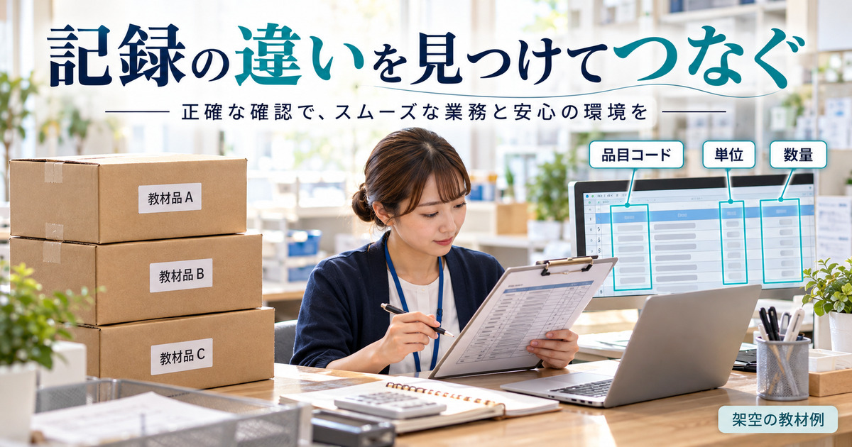 架空の教材品と書類で品目コード・単位・数量を照合する場面