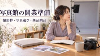 撮影場所と商品見本を前に写真館の開業を考える架空の運営者