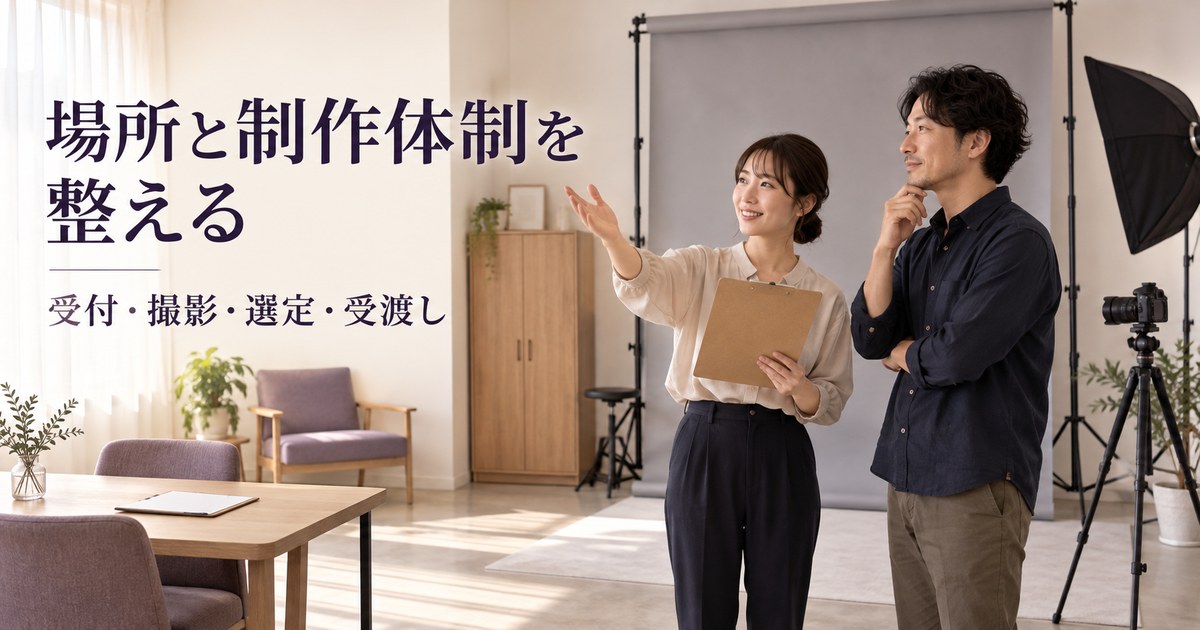 受付と撮影場所、写真選びの場所を検討する架空の写真館