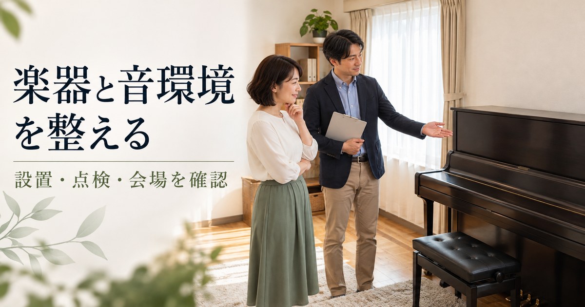 楽器の状態と会場の使い方を確認する架空の場面