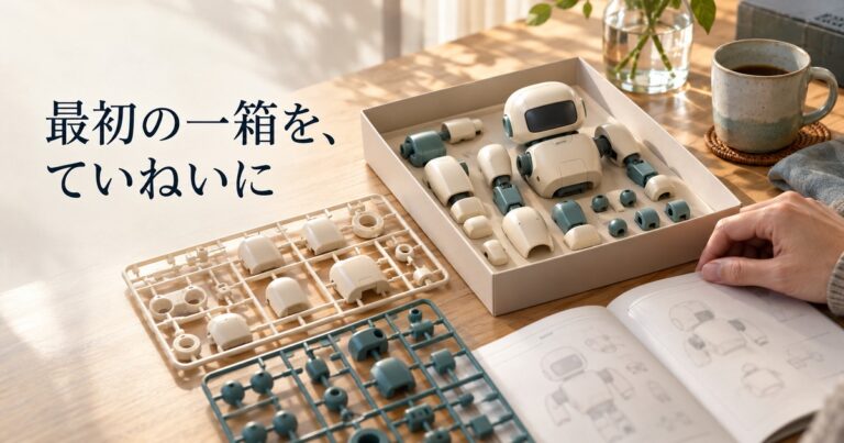 説明書とランナー、抽象的な模型部品を並べた最初の組立のイメージ