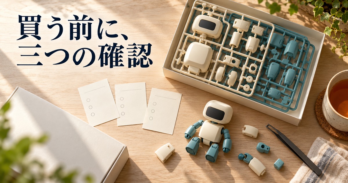 無地の箱と三枚のカードで購入前の条件を確認するイメージ