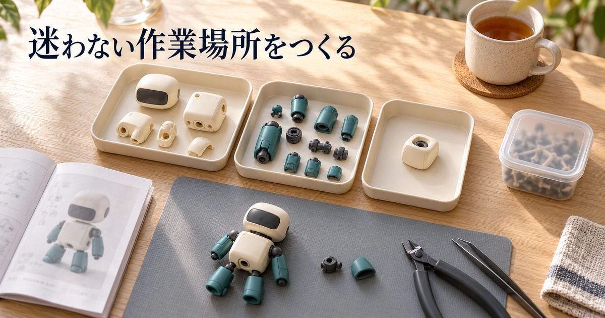 三つのトレーと小物ケースで部品を整理した作業場所のイメージ