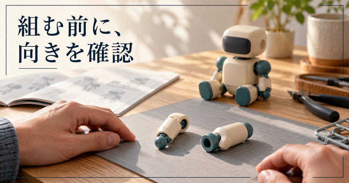 組み合わせる前に二つの模型部品の向きを確認するイメージ