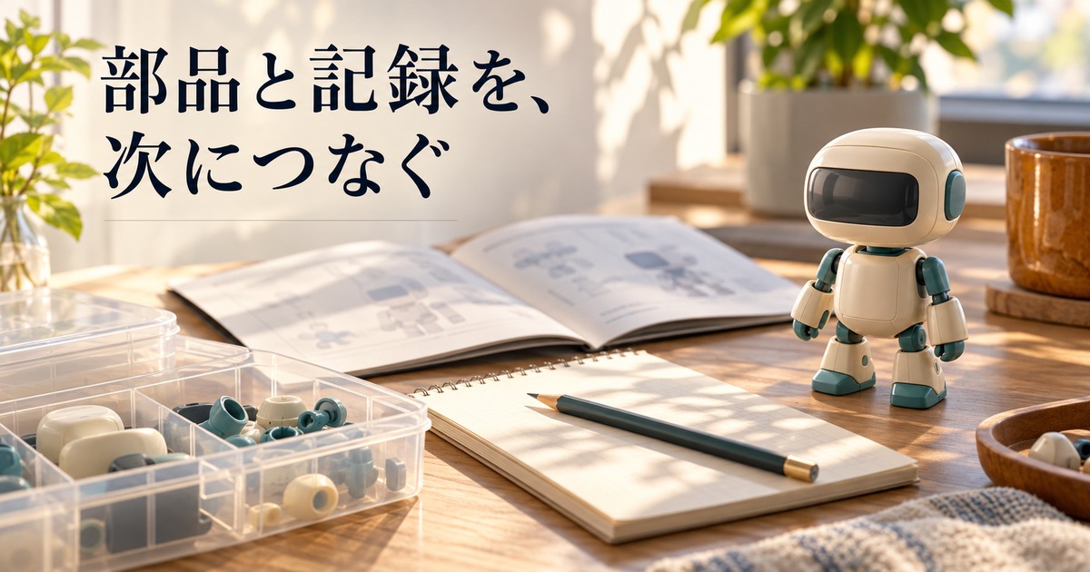 説明書とノート、小物ケースを使って部品と記録を整理するイメージ