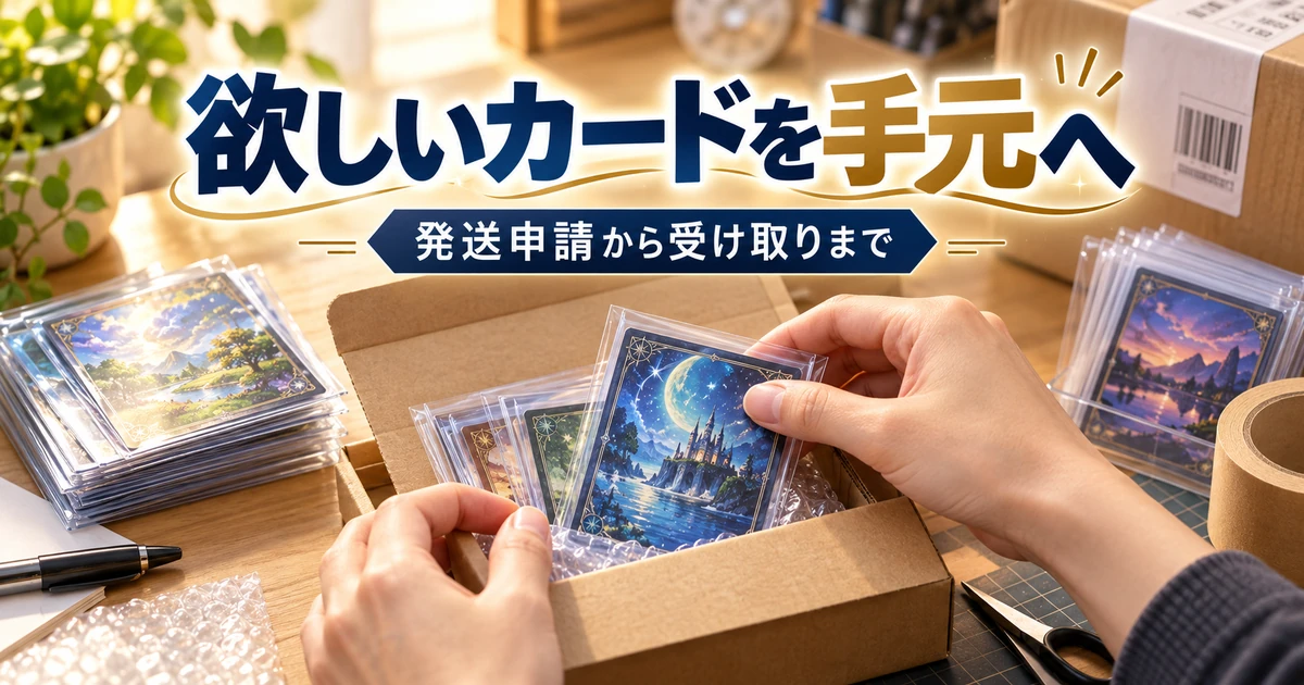ポケクロで獲得したカードの発送申請から受け取りまでを紹介するイラスト
