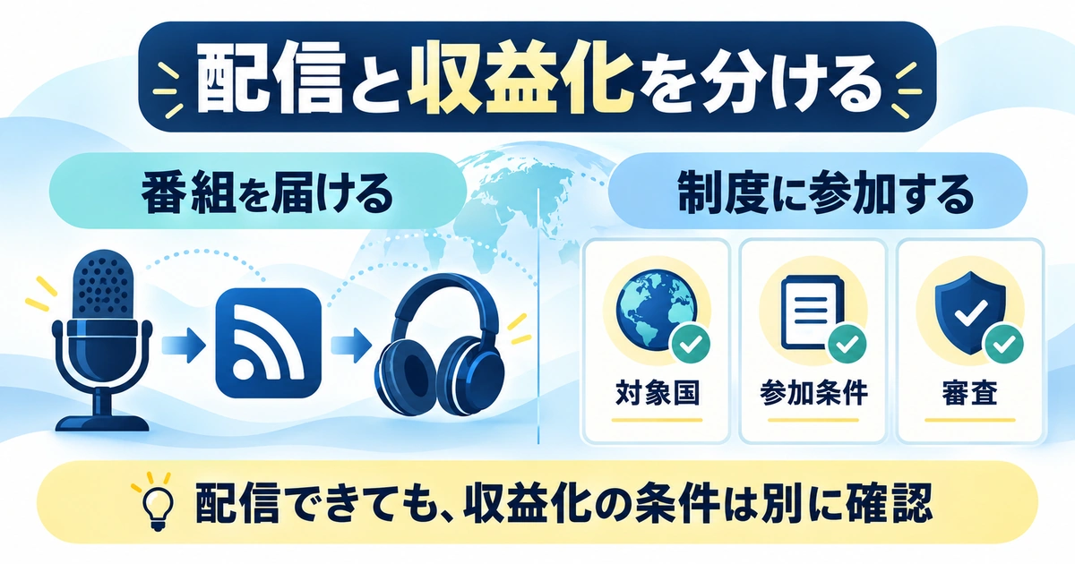 番組の配信と収益化制度への参加を分け、対象国・参加条件・審査を確認する図