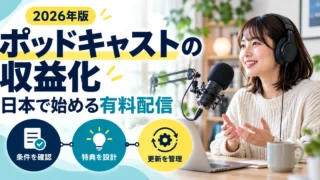ポッドキャストの有料配信に向けて条件確認、特典設計、更新管理を進める収録イメージ