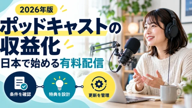 ポッドキャストの有料配信に向けて条件確認、特典設計、更新管理を進める収録イメージ