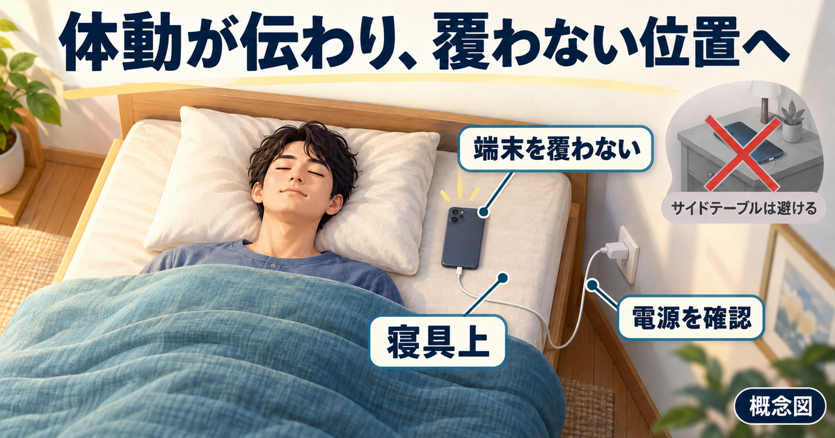 寝具上の端末を布団や枕で覆わず、身体の動きが伝わる位置に置く概念図。