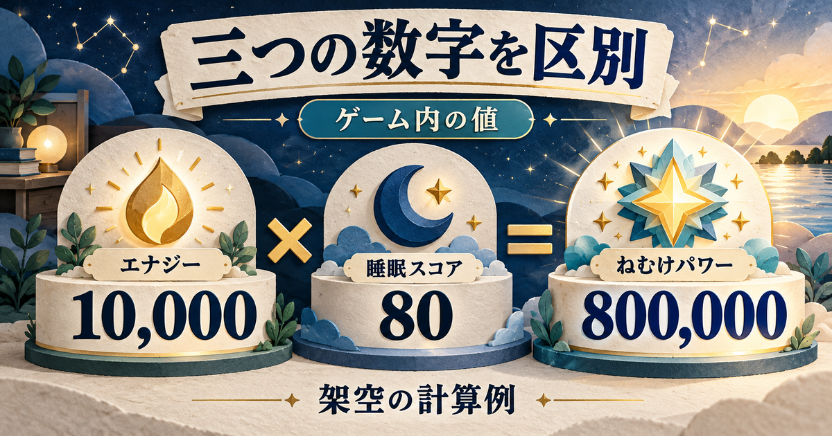 架空のエナジー10000と睡眠スコア80からねむけパワー800000を計算する図。