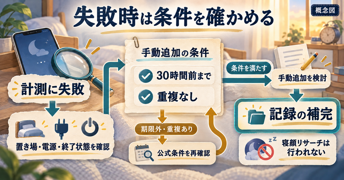 計測失敗後に端末の状態と手動追加の時間・重複条件を確認する流れ。