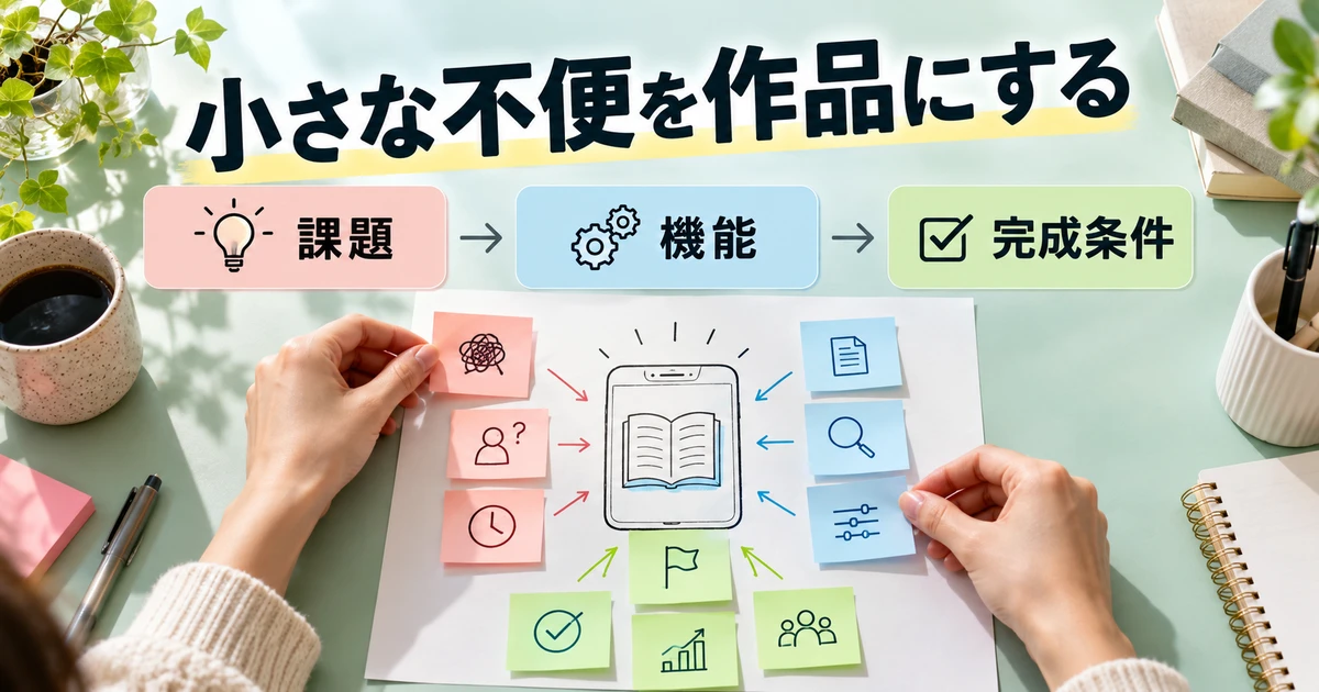 身近な課題から機能と完成条件を決めるポートフォリオ設計の図解
