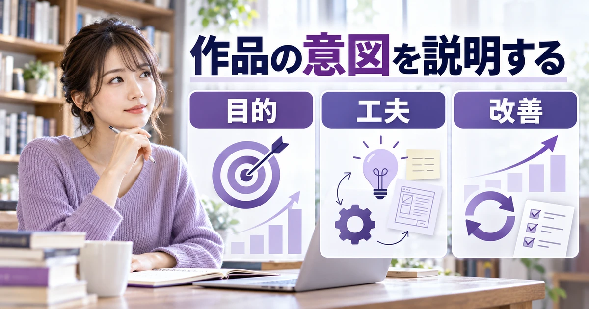 目的・工夫・改善をREADMEで説明する人物と図解
