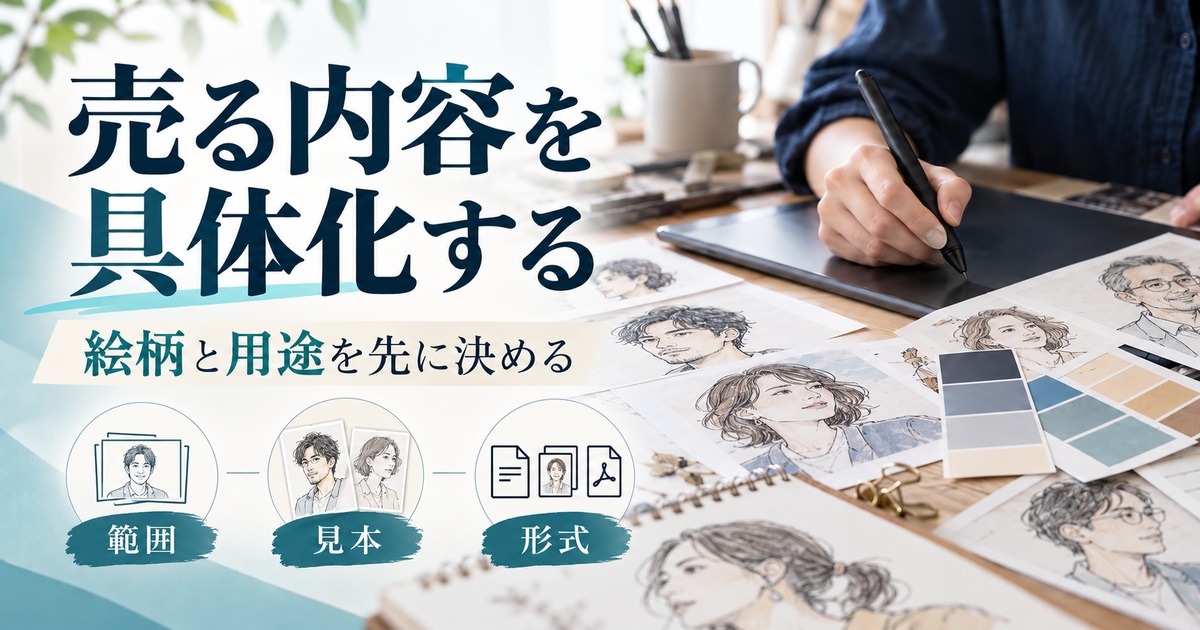 範囲・見本・形式を整理し、似顔絵の絵柄と用途を具体化する。