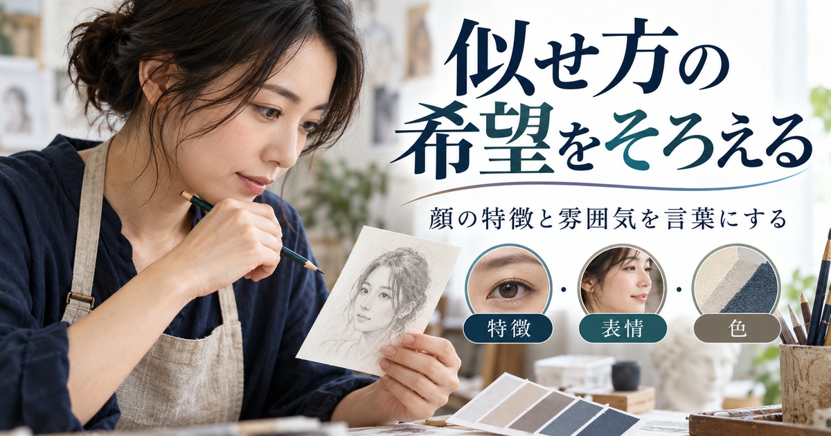顔の特徴・表情・色から、似せ方の希望を言葉にする。