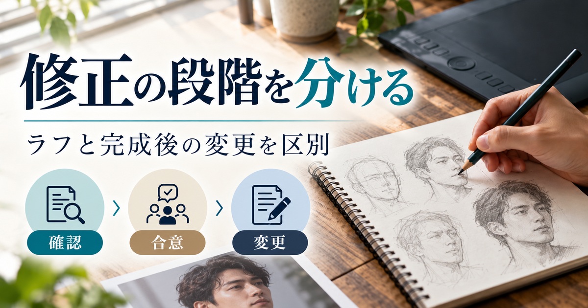 ラフと完成後の修正段階を分け、確認・合意・変更を整理する。