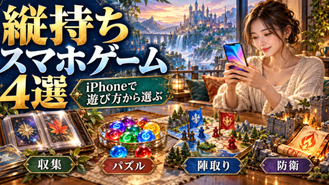 縦向きスマホを持つ成人と、カード収集・パズル・陣取り・防衛を表す四つのモチーフを組み合わせた紹介イラスト