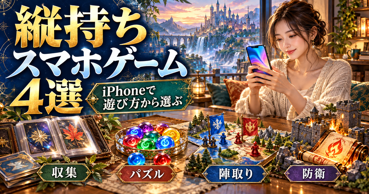 縦向きスマホを持つ成人と、カード収集・パズル・陣取り・防衛を表す四つのモチーフを組み合わせた紹介イラスト