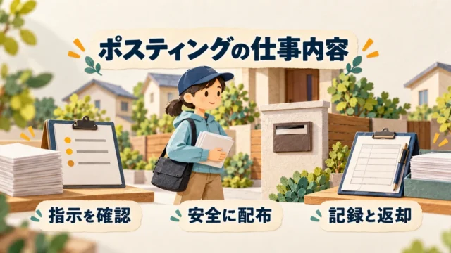 配布指示の確認、安全な配布、記録と残部返却の三つを示す説明用の生成図