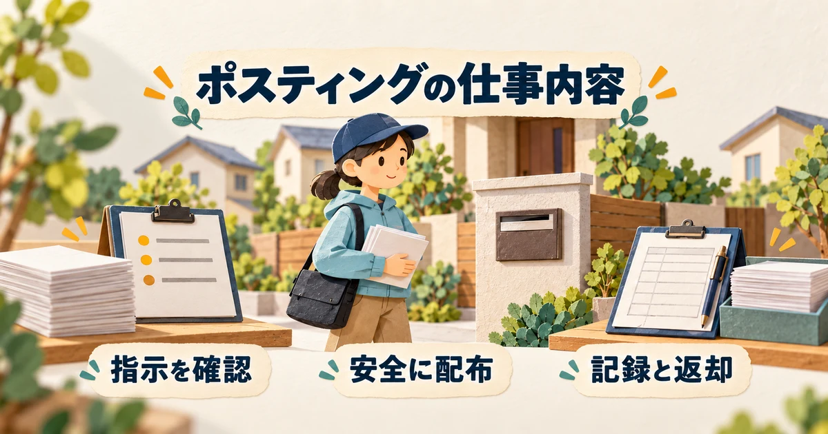 配布指示の確認、安全な配布、記録と残部返却の三つを示す説明用の生成図