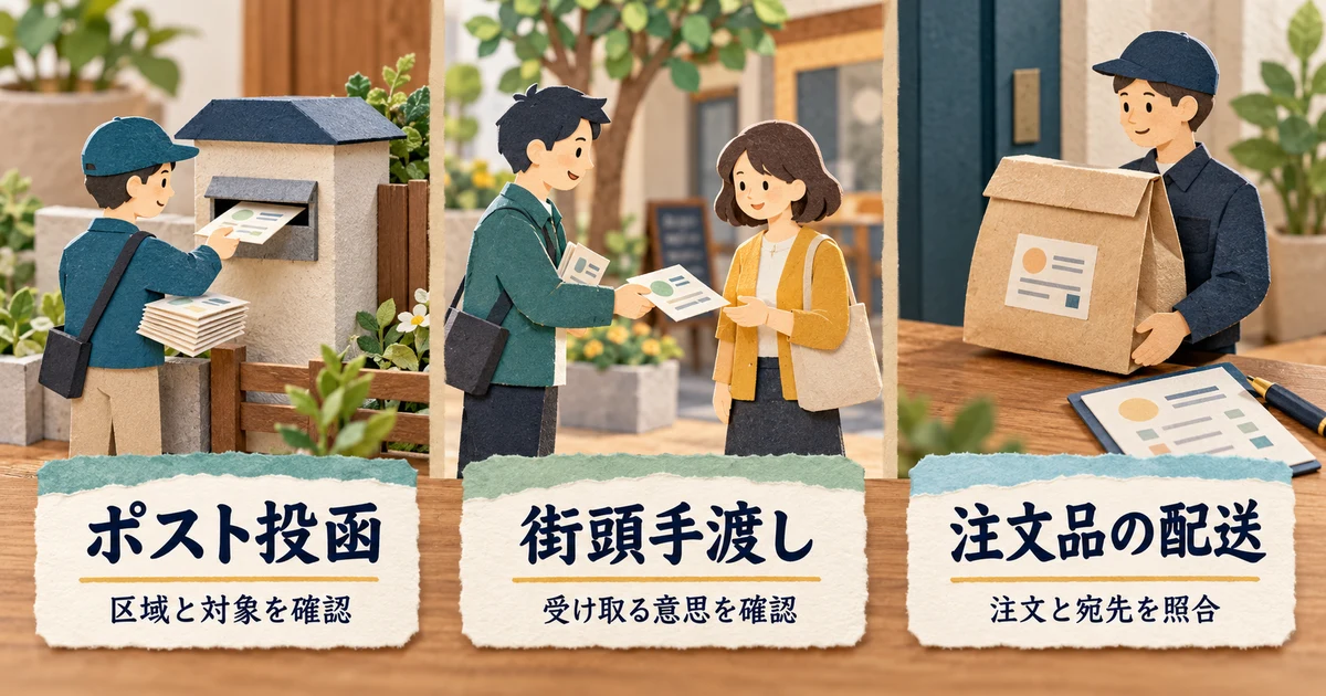 ポスト投函、街頭手渡し、注文品配送で確認する相手や対象が違うことを示す生成図