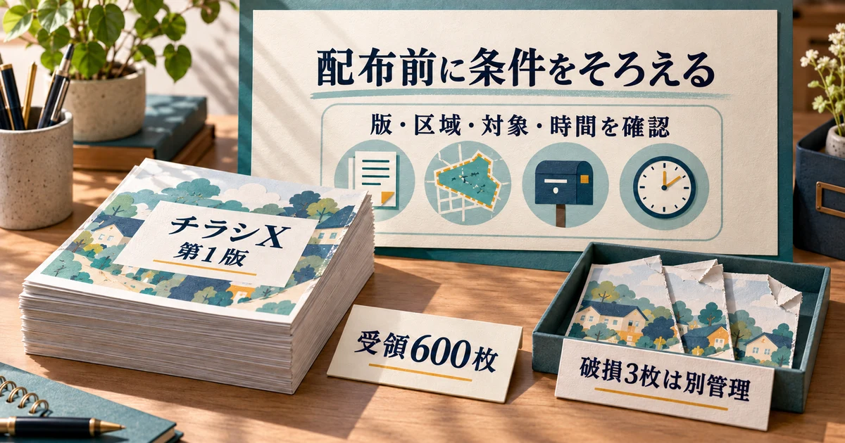 教材チラシX第1版を600枚受領し、破損3枚を分けて版と配布条件を確認する生成図