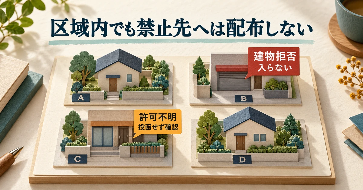 架空のAからD区画で建物拒否と許可不明を区別し、区域内でも配布しない場所があると示す生成図