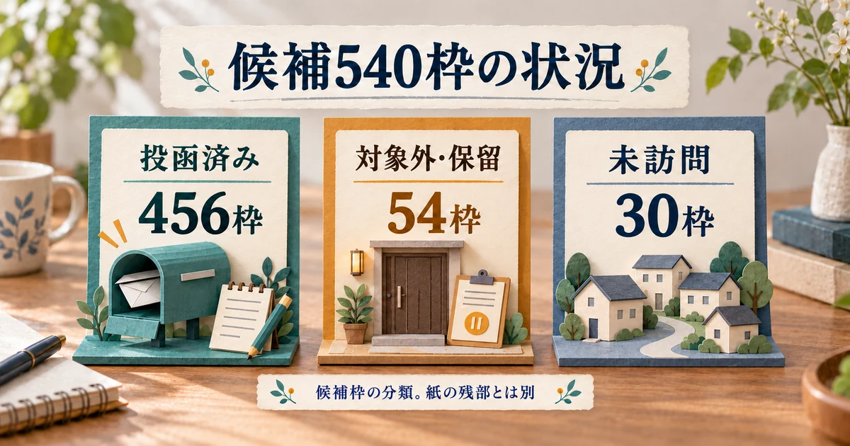 候補540枠を投函済み456枠、対象外・保留54枠、未訪問30枠に分けた教材の生成図