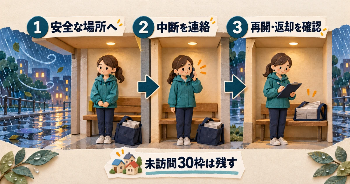 雨風で配布を中断し、安全な場所へ移って連絡し、未訪問30枠の再開や返却を確認する生成図
