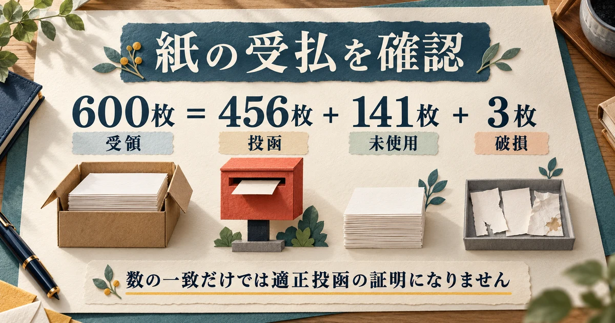 受領600枚を投函456枚、未使用141枚、破損3枚に分けて紙の受払を照合する生成図