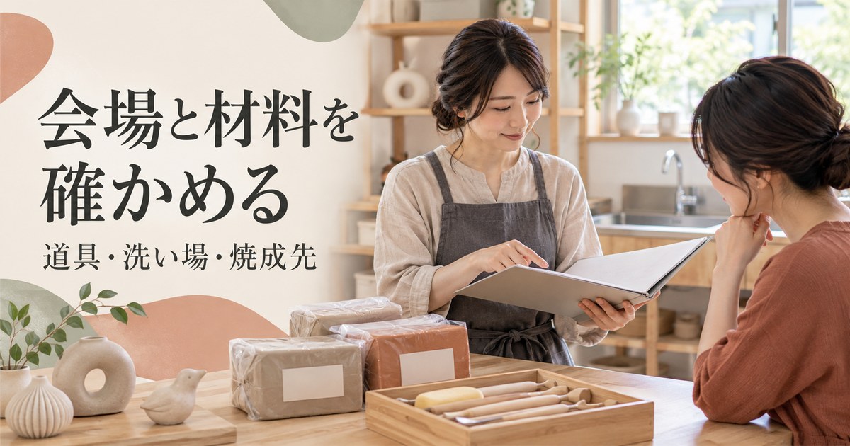会場や材料と外部の焼成担当を確認する架空の講師
