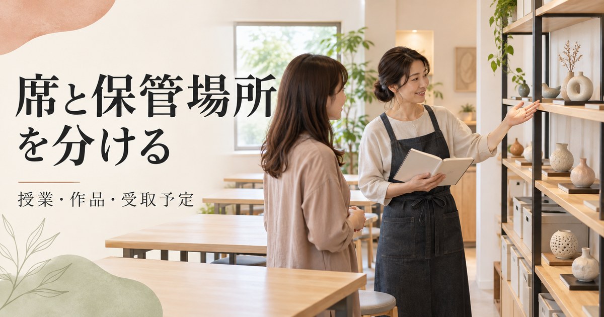 授業の席と作品の保管場所を確認する架空の講師