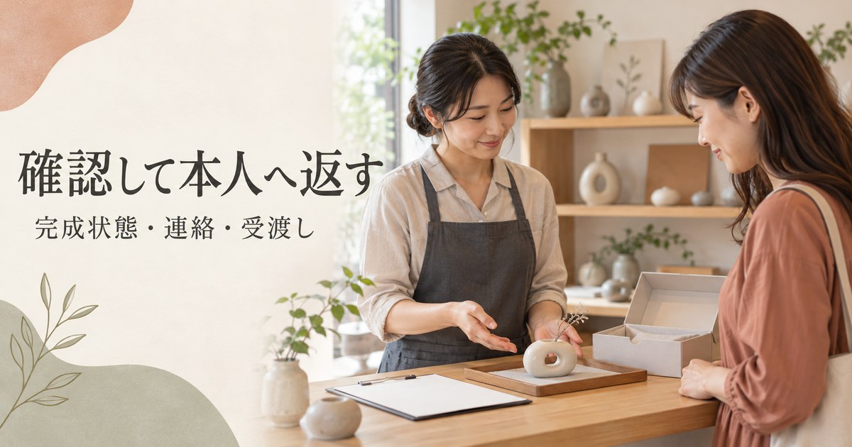 作品と記録を照合して本人へ返却する架空の場面