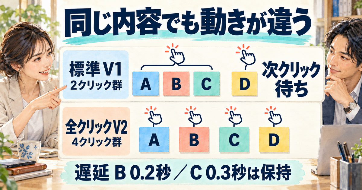 標準の2クリック群と全効果クリック時を比較する図