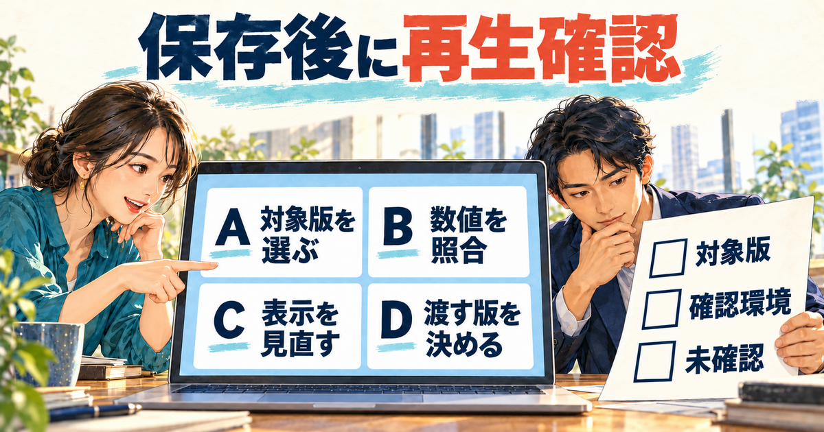 保存した資料の再生条件と未確認事項を受け渡す図