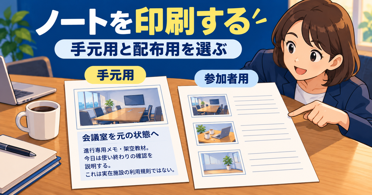 発表者用ノートと参加者用配布資料の内容を選び分ける概念図