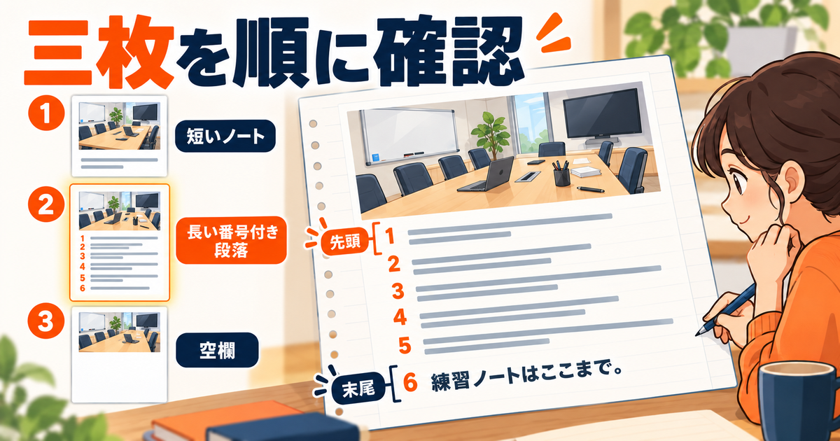 三枚のスライドと短いノート、長いノート、空欄を対応させる図