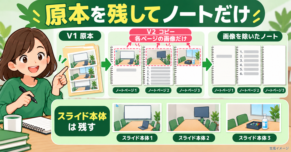 コピーの各ノートページから画像を外し、三枚のスライドとノート本文を保持する図
