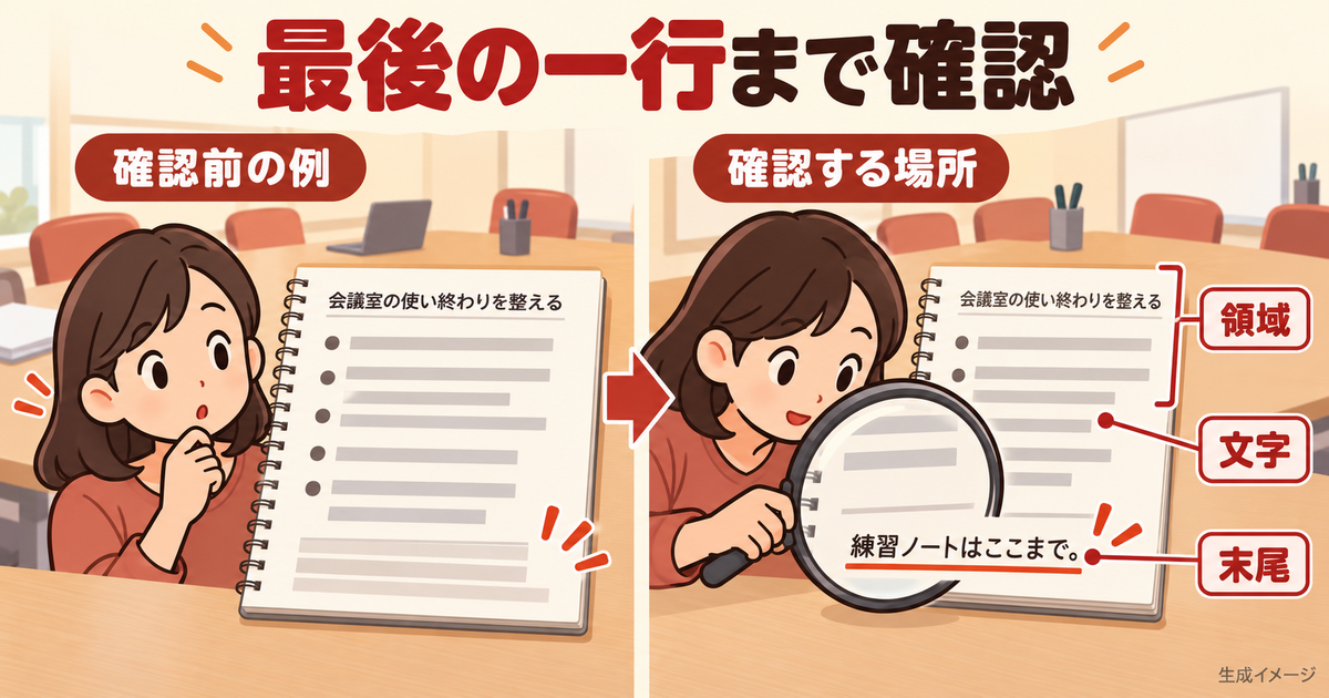 長いノートの領域、文字の大きさ、最後の一行を確認する概念図