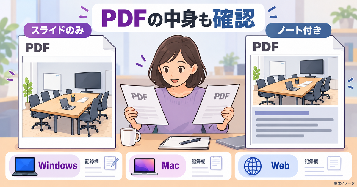 同じPDF形式でもスライドのみとノート付きで内容が異なることを示す図