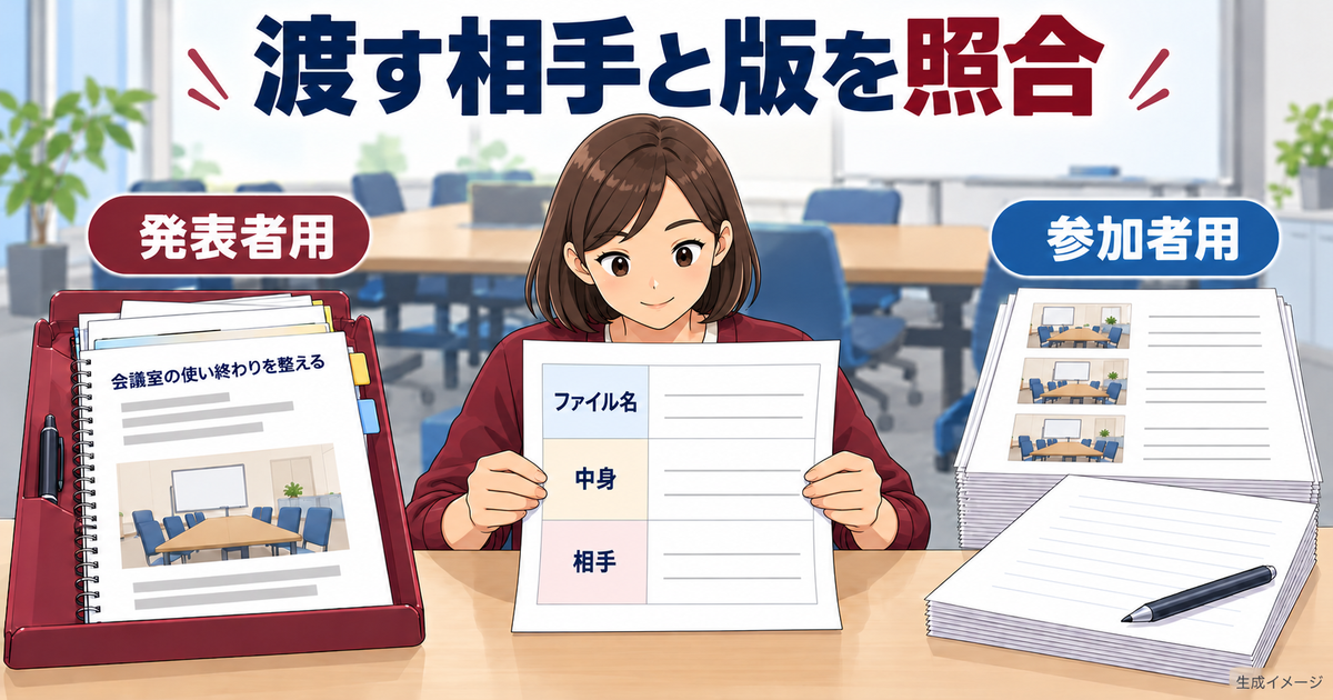 発表者の手元用と参加者配布用を出力照合票で確認する図