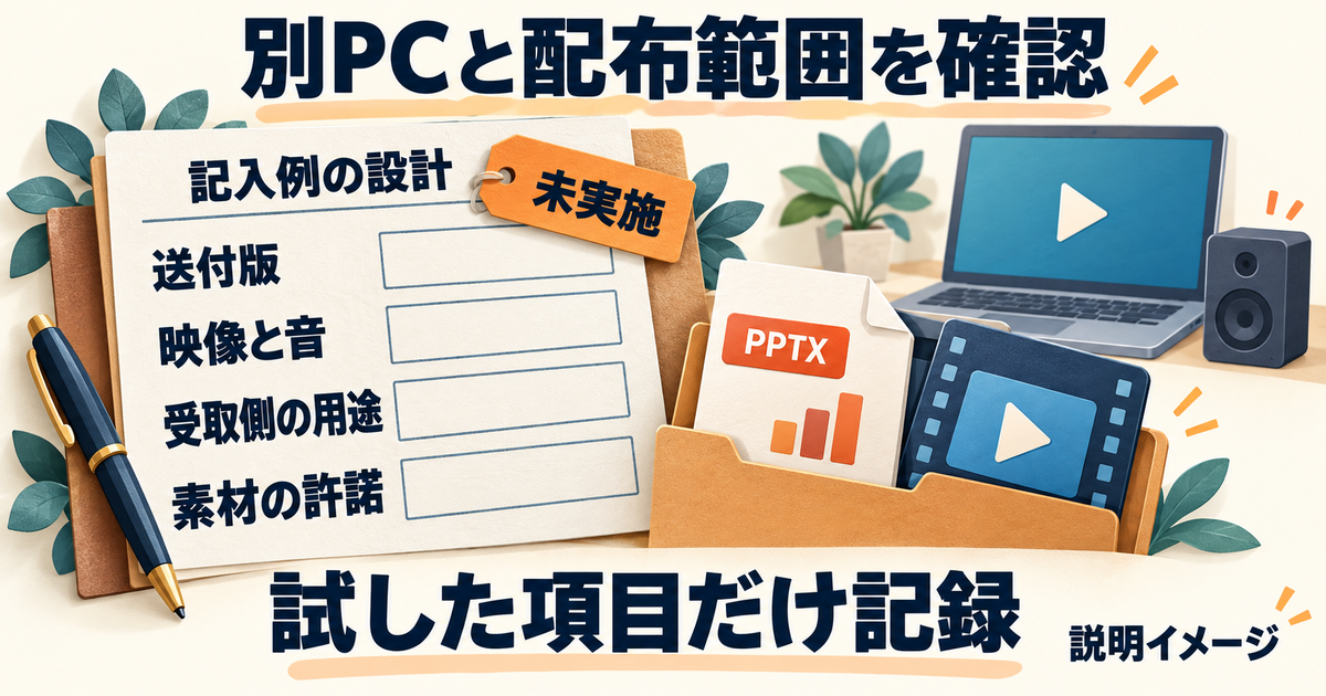 送付版、映像と音、受取側の利用目的、素材の許諾を確認シートへ記録する納品前の説明イメージ