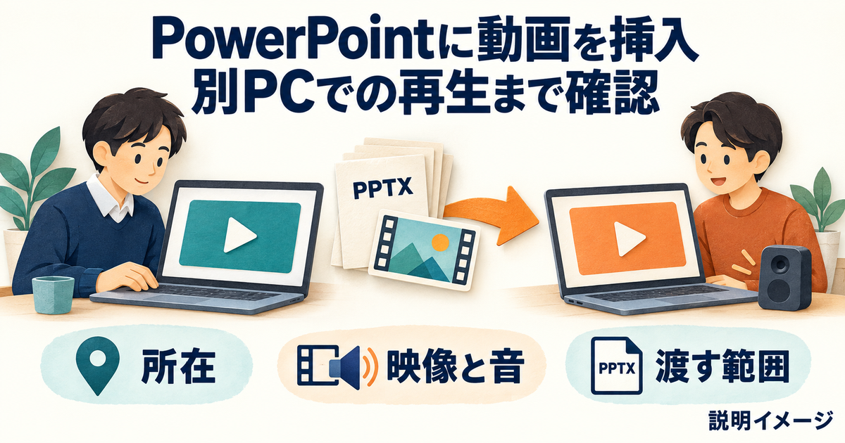 動画を含む資料を作成PCから別PCへ渡し、保存場所、映像と音、配布範囲を確認する説明イメージ