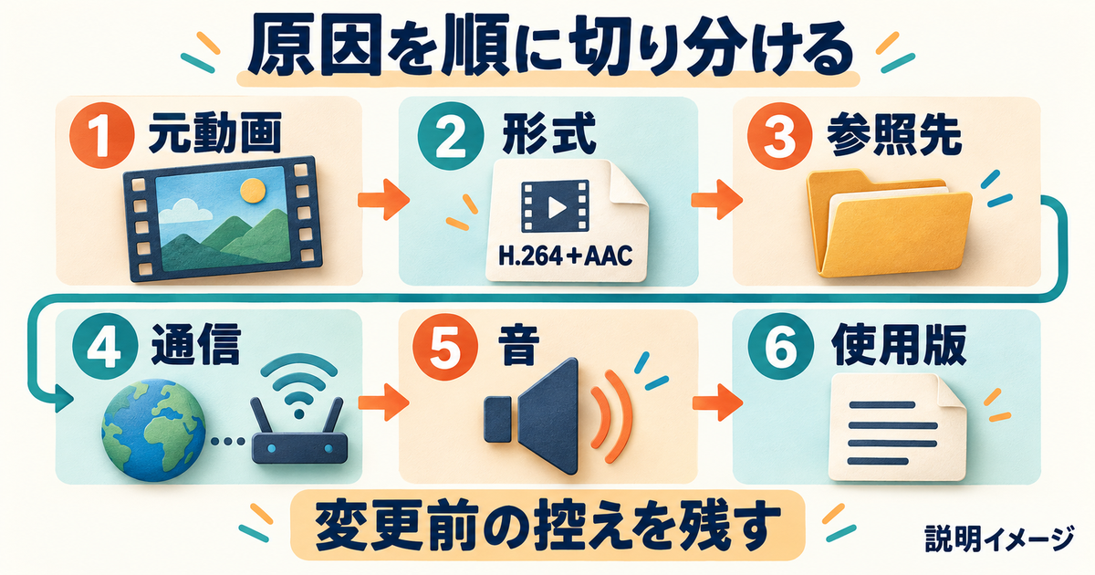 動画の不調を元動画、形式、参照先、通信、音、使用版の順に調べ、変更前の控えを残す説明図