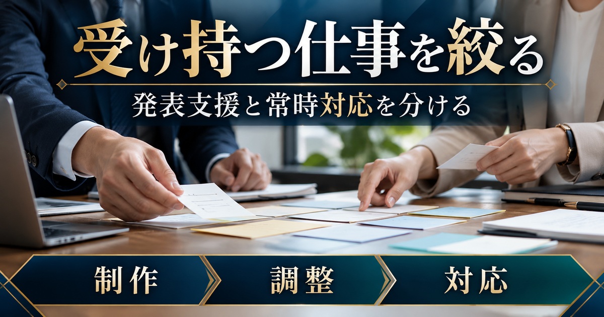 広報の発表支援と常時対応を分け、制作・調整・対応の受け持つ仕事を絞る。